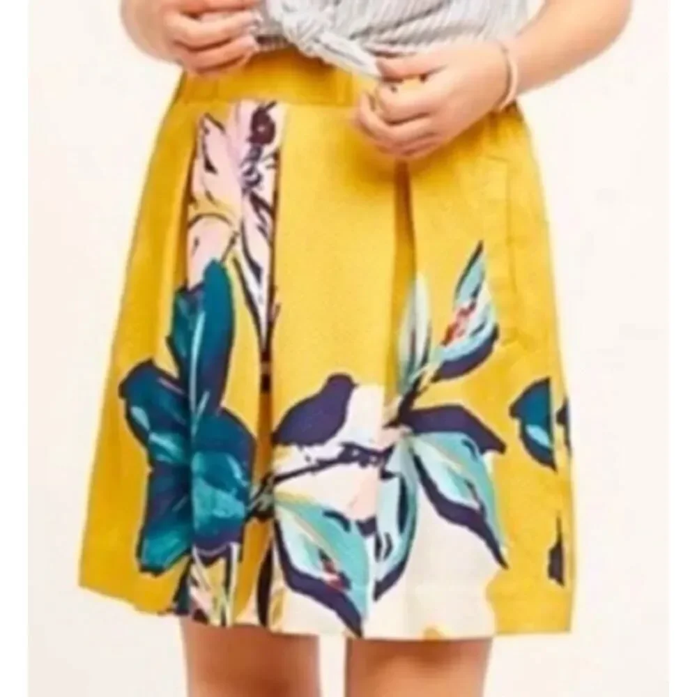 Anthropologie Maeve Tropicale Skirt Women's 2 Yellow Blue Floral Pleated Short